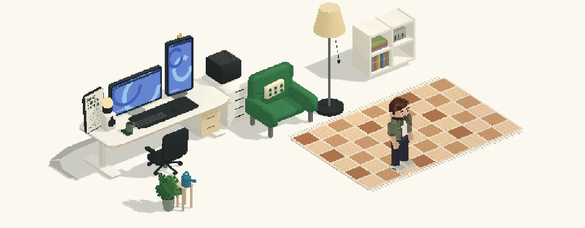 An illustrated workspace with Kevin, a desk and green armchair